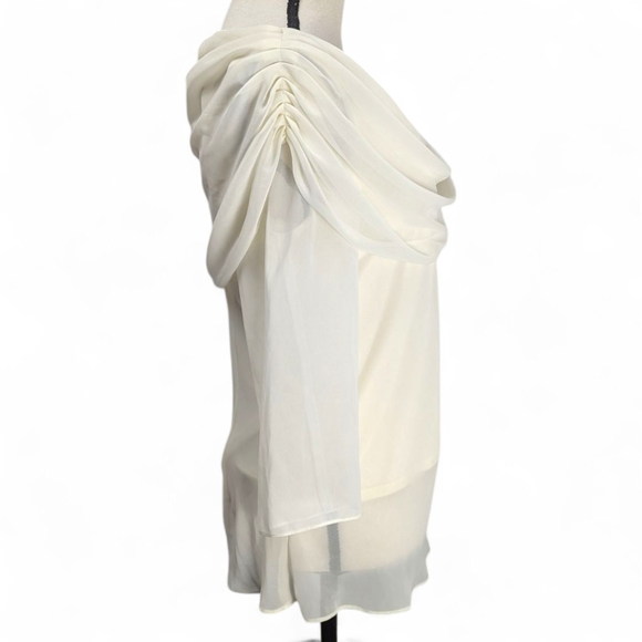 MSK Blouse Off-Shoulder Chiffon Top Cream Silver Tone Flower Brooch Womens Large - Picture 3 of 12